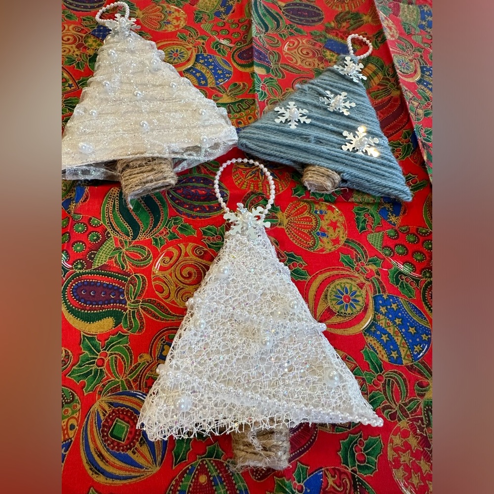 Handmade crafted Christmas Tree ornaments set of three trees approximately 5 in.